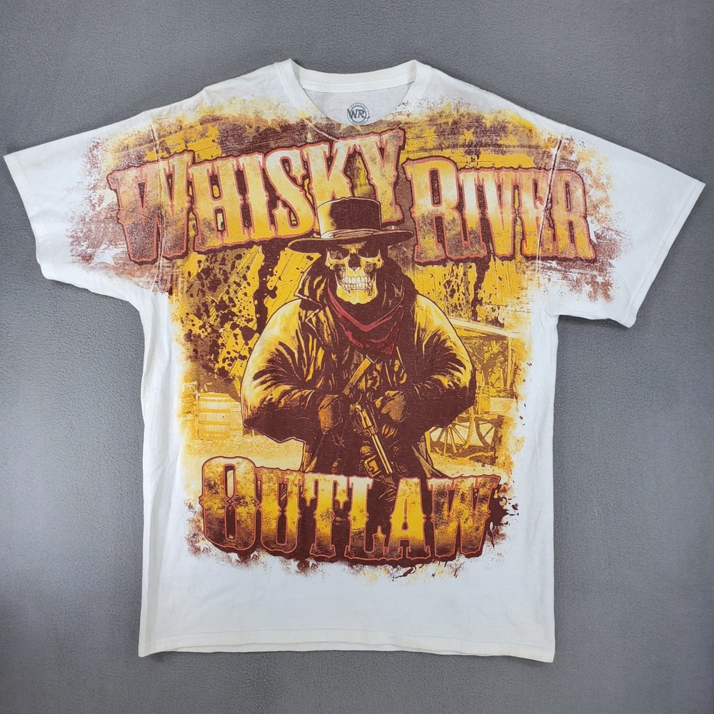 Whisky River T-Shirt L White Outlaw Skull Western Graphic Double Sided All Over